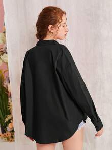 SHEIN 青少年女孩落肩袖前紐扣襯衫不附吊帶上衣 - 黑色 - 查看 2