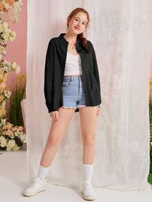 SHEIN 青少年女孩落肩袖前紐扣襯衫不附吊帶上衣 - 黑色 - 查看 3