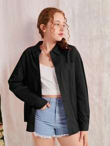 SHEIN 青少年女孩落肩袖前紐扣襯衫不附吊帶上衣 - 黑色 - 查看 5