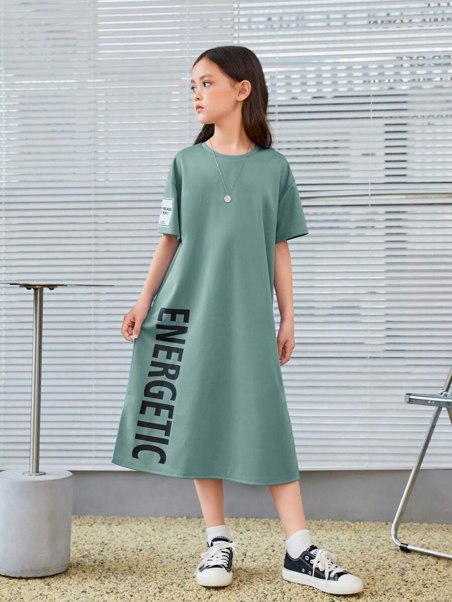 SHEIN Tween Girl Letter Graphic Drop Shoulder Tee Dress - Mint Green - View 1