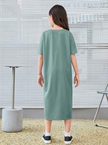 SHEIN Tween Girl Letter Graphic Drop Shoulder Tee Dress - Mint Green - View 2