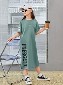SHEIN Tween Girl Letter Graphic Drop Shoulder Tee Dress - Mint Green - View 4
