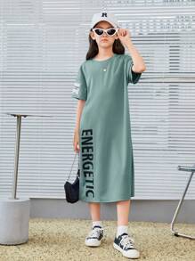 SHEIN Tween Girl Letter Graphic Drop Shoulder Tee Dress - Mint Green - View 5