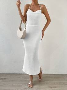 SHEIN Privé 垂領露背交叉繞頸吊帶連衣裙 - 白色 - 查看 1