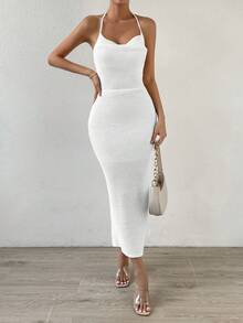 SHEIN Privé 垂領露背交叉繞頸吊帶連衣裙 - 白色 - 查看 3