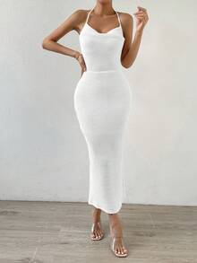 SHEIN Privé 垂領露背交叉繞頸吊帶連衣裙 - 白色 - 查看 5