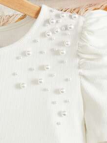 SHEIN Tween Girl Pearls Beaded Detail Puff Sleeve Tee, Filipiniana Terno - White - View 4