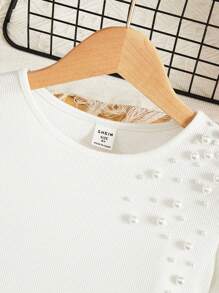 SHEIN Tween Girl Pearls Beaded Detail Puff Sleeve Tee, Filipiniana Terno - White - View 5