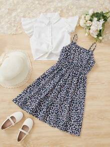 SHEIN Tween Girl Ditsy Floral Print Cami Dress & Ruffle Armhole Shirt - Multicolor - View 1
