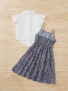 SHEIN Tween Girl Ditsy Floral Print Cami Dress & Ruffle Armhole Shirt - Multicolor - View 2