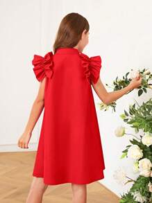 SHEIN Tween Girl Ruffle Trim Button Front Shirt Dress - Red - View 2