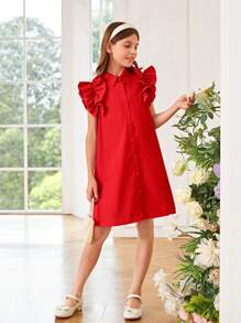 SHEIN Tween Girl Ruffle Trim Button Front Shirt Dress - Red - View 3