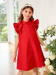SHEIN Tween Girl Ruffle Trim Button Front Shirt Dress - Red - View 4