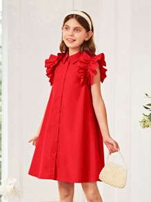 SHEIN Tween Girl Ruffle Trim Button Front Shirt Dress - Red - View 5