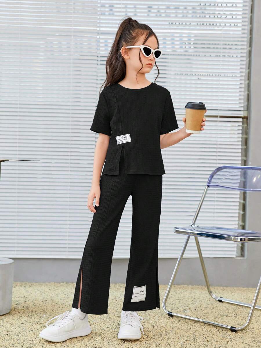 SHEIN Leap Crew Tween Girl Slogan Patched Detail Split Hem Tee & Trousers - Black - View 1