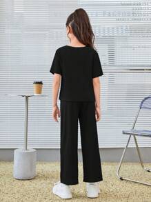 SHEIN Leap Crew Tween Girl Slogan Patched Detail Split Hem Tee & Trousers - Black - View 2