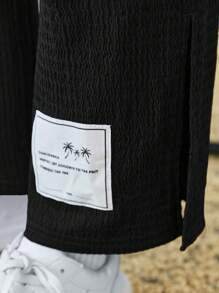 SHEIN Leap Crew Tween Girl Slogan Patched Detail Split Hem Tee & Trousers - Black - View 3