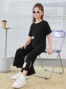 SHEIN Leap Crew Tween Girl Slogan Patched Detail Split Hem Tee & Trousers - Black - View 5
