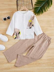 SHEIN 女大童印花前紐扣襯衫和褲子 - 卡其色 - 查看 1