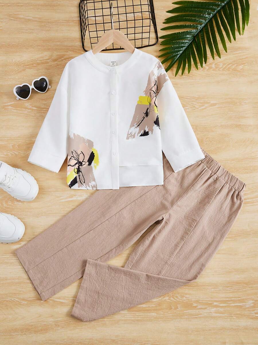 SHEIN 女大童印花前紐扣襯衫和褲子 - 卡其色 - 查看 1
