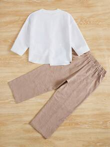 SHEIN 女大童印花前紐扣襯衫和褲子 - 卡其色 - 查看 2