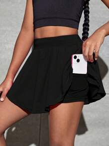 SHEIN 女大童高腰荷葉邊透氣柔軟活躍裙裤 - 黑色 - 查看 1