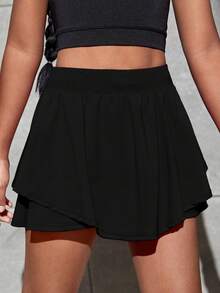 SHEIN 女大童高腰荷葉邊透氣柔軟活躍裙裤 - 黑色 - 查看 4