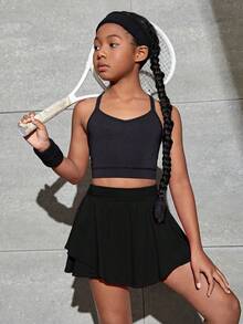 SHEIN 女大童高腰荷葉邊透氣柔軟活躍裙裤 - 黑色 - 查看 5