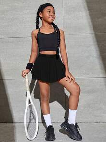 SHEIN 女大童高腰荷葉邊透氣柔軟活躍裙裤 - 黑色 - 查看 6