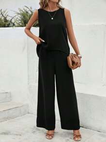SHEIN LUNE Solid Tank Top & Wide Leg Pants - Black - View 1