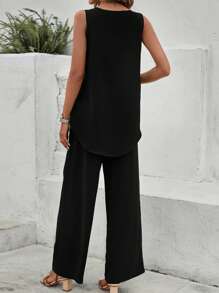 SHEIN LUNE Solid Tank Top & Wide Leg Pants - Black - View 2
