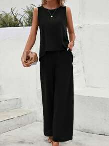 SHEIN LUNE Solid Tank Top & Wide Leg Pants - Black - View 3