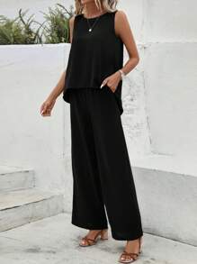 SHEIN LUNE Solid Tank Top & Wide Leg Pants - Black - View 6
