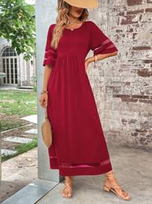 SHEIN LUNE Contrast Mesh Insert Solid Dress - Burgundy - View 1