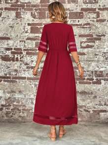 SHEIN LUNE Contrast Mesh Insert Solid Dress - Burgundy - View 2