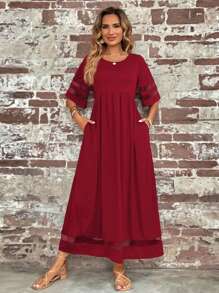 SHEIN LUNE Contrast Mesh Insert Solid Dress - Burgundy - View 3