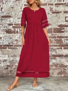SHEIN LUNE Contrast Mesh Insert Solid Dress - Burgundy - View 5