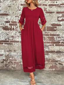 SHEIN LUNE Contrast Mesh Insert Solid Dress - Burgundy - View 6