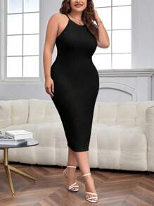 SHEIN Essnce Hơn Chất rắn Váy Dây - màu đen - Xem 4