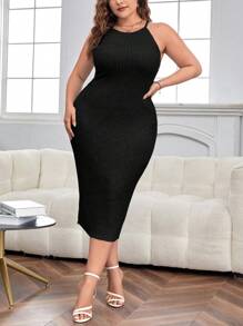 SHEIN Essnce Hơn Chất rắn Váy Dây - màu đen - Xem 5