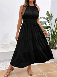 SHEIN VCAY 大碼素色荷葉邊掛脖連衣裙 - 黑色 - 查看 1