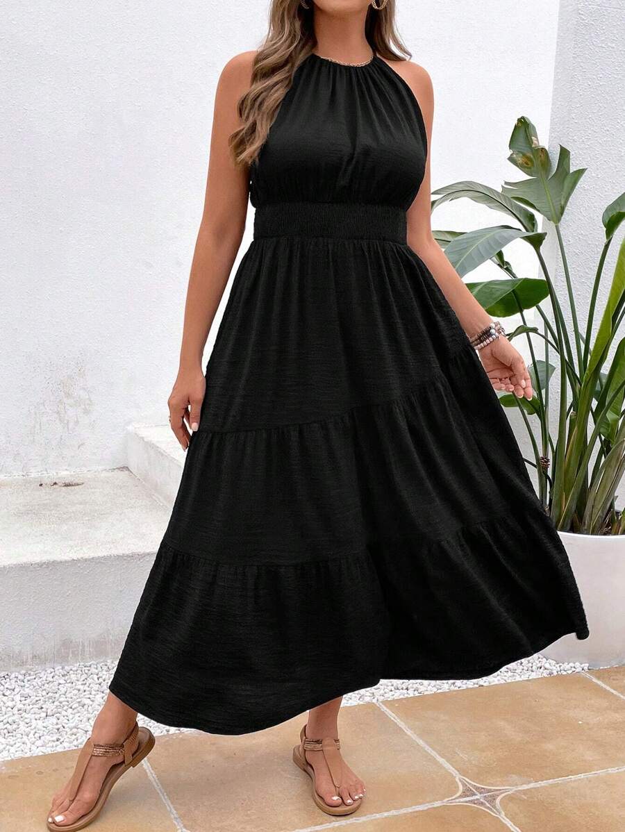 SHEIN VCAY 大碼素色荷葉邊掛脖連衣裙 - 黑色 - 查看 1