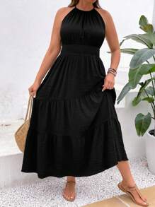 SHEIN VCAY 大碼素色荷葉邊掛脖連衣裙 - 黑色 - 查看 4