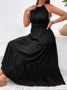 SHEIN VCAY 大碼素色荷葉邊掛脖連衣裙 - 黑色 - 查看 5