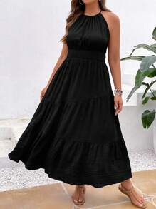 SHEIN VCAY 大碼素色荷葉邊掛脖連衣裙 - 黑色 - 查看 6