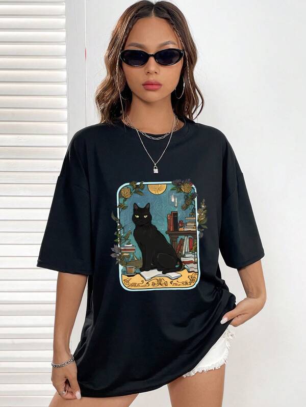 Cat Print Drop Shoulder Tee SHEIN UK