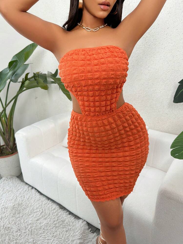 VaVaBold Cut Out Waist Tube Bodycon Dress - Orange - View 6