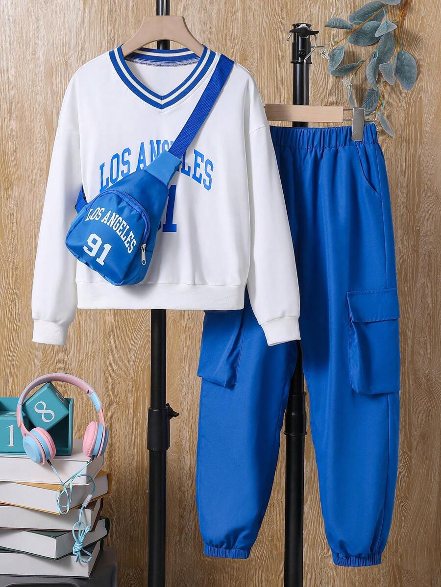 SHEIN 女大童字母圖案條紋飾邊套頭衫&翻蓋口袋工裝褲附包 - 藍白色 - 查看 1