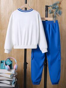 SHEIN 女大童字母圖案條紋飾邊套頭衫&翻蓋口袋工裝褲附包 - 藍白色 - 查看 2