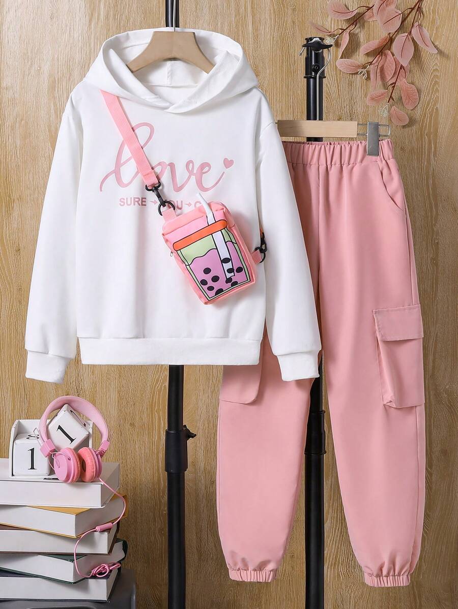SHEIN Tween Girl Letter Graphic Hoodie & Flap Pocket Pants & Bag - Multicolor - View 1